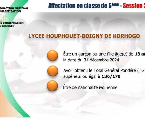 AFFECTATION EN SIXIÈME 2024 : CRITÈRES LYCEE HOUPHOUET-BOIGNY DE KORHOGO
