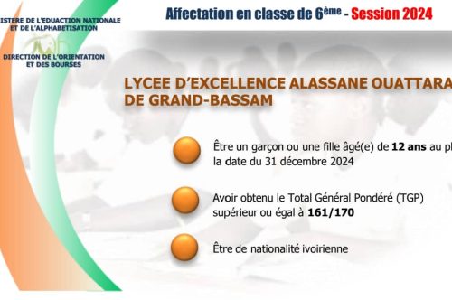AFFECTATION EN SIXIÈME 2024 : CRITÈRES LYCÉE D’EXCELLENCE A. O. DE GRAND-BASSAM