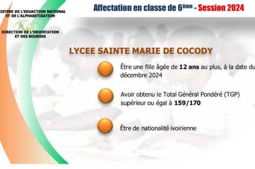 AFFECTATION EN SIXIÈME 2024 : CRITÈRES LYCÉE SAINTE MARIE COCODY