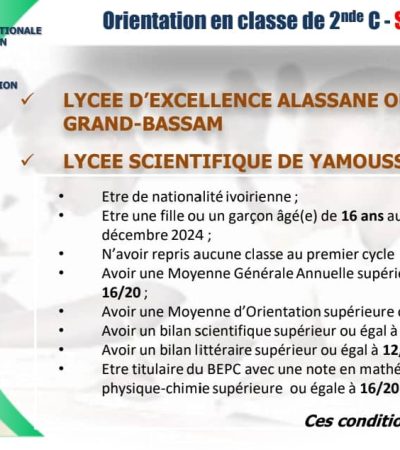 ORIENTATION EN 2nde C: LYCEE EXCELLENCE GRAND-BASSAM ET SCIENTIFIQUE YAMOUSSOUKRO